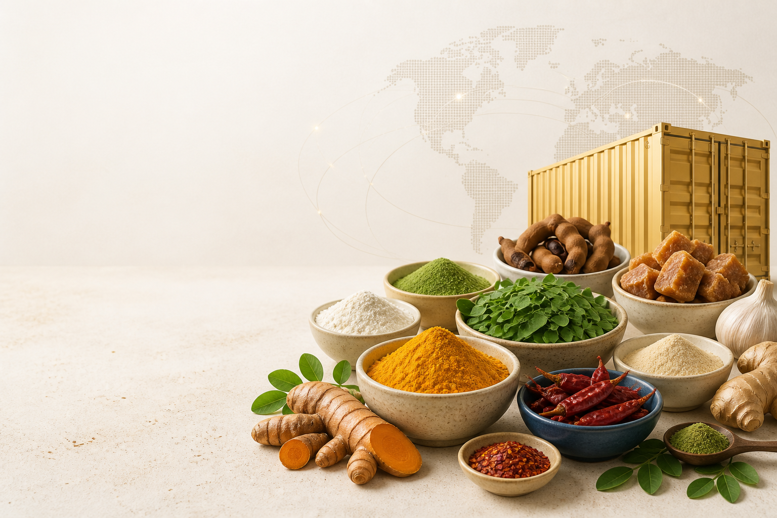A premium selection of Indian spices and agricultural products prepared for global export