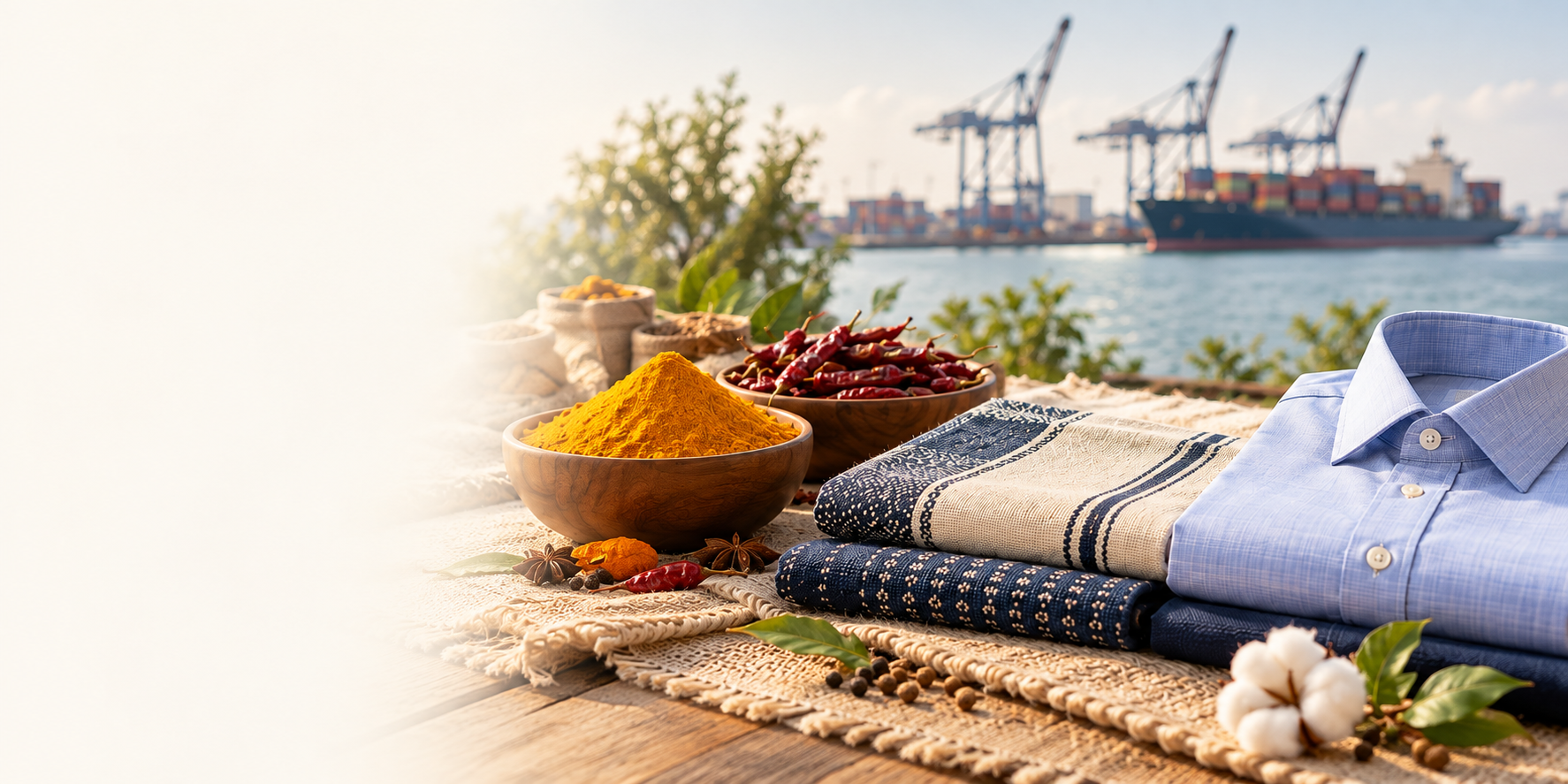 Indian spices, woven fabrics and a formal shirt, with a shipping port in the background