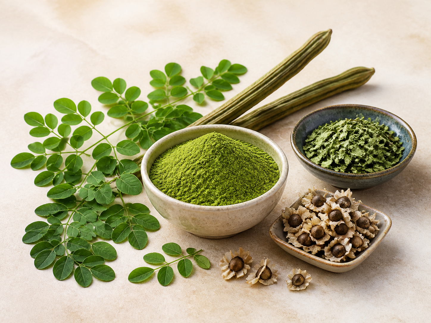 Moringa leaf powder, dried leaves, seeds and pods arranged for export