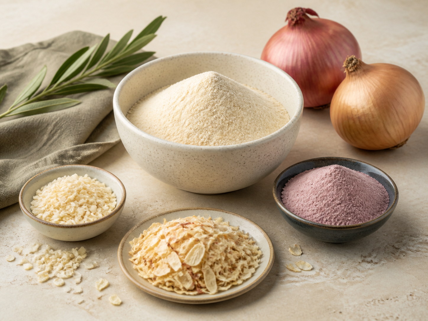 White and red onion powders with dehydrated onion granules