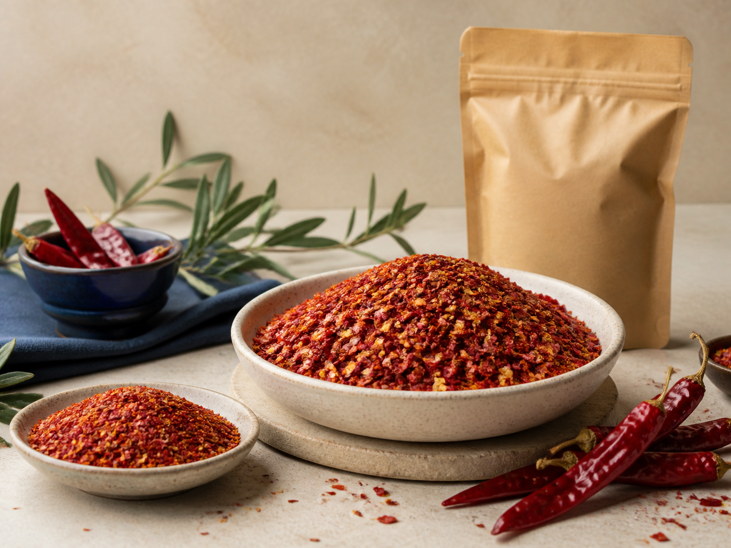 Red chilli flakes with whole and dried chillies in multiple commercial grades