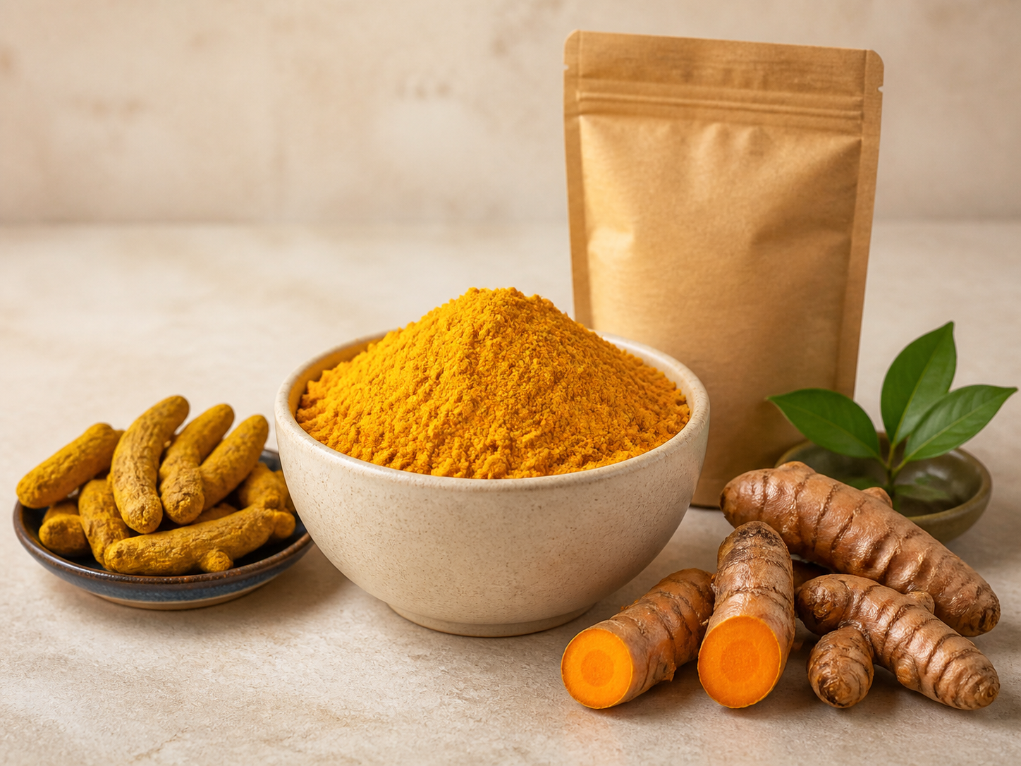 Turmeric powder, whole turmeric fingers and sliced turmeric arranged for export